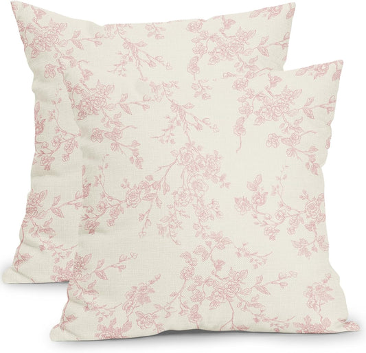 Floral Pillow Covers 18x18 Inch Pink and Cream Outdoor Decorative Throw Pillows Set of 2 Vintage Floral Pillowcase Chinoiserie Flower Pillow Cases for Couch Home Decor