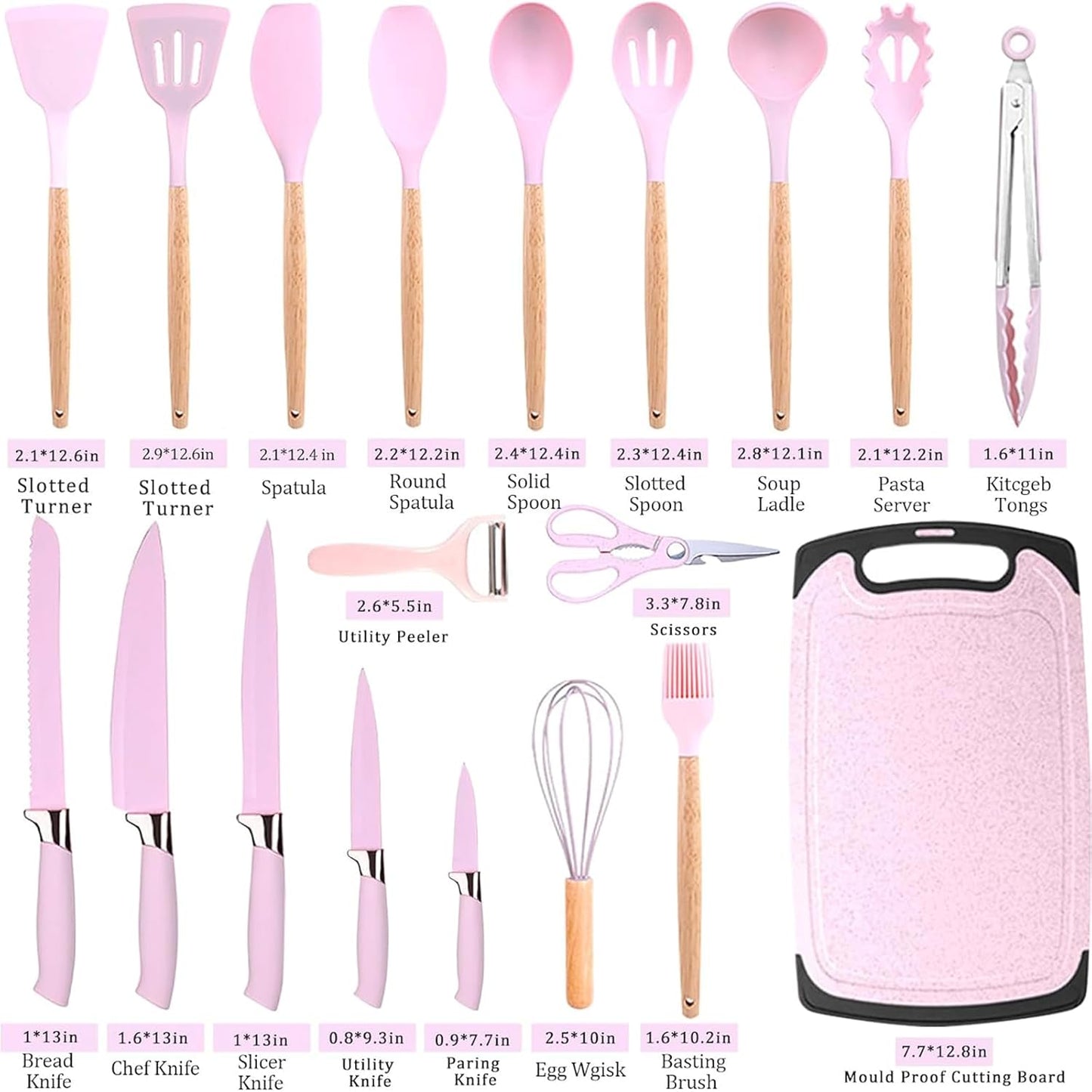 Kitchen Utensil Set,20 Pieces Kitchen Stainless Steel Knives Set Silicone Cooking Utensil with Wooden Handles,Home Kitchenware Accessories Cookware with Stand Block (Pink)