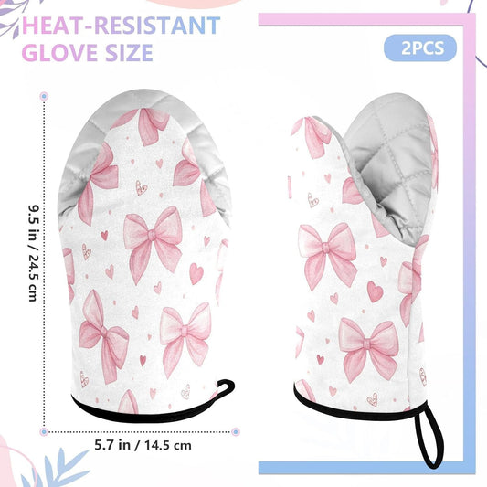 Pink Bows & Hearts Non-Slip Oven Mitts Set Heat Resistant Kitchen Gloves with Quilted Liner Cotton Machine Washable with Hanging Loop for Baking Grilling BBQ