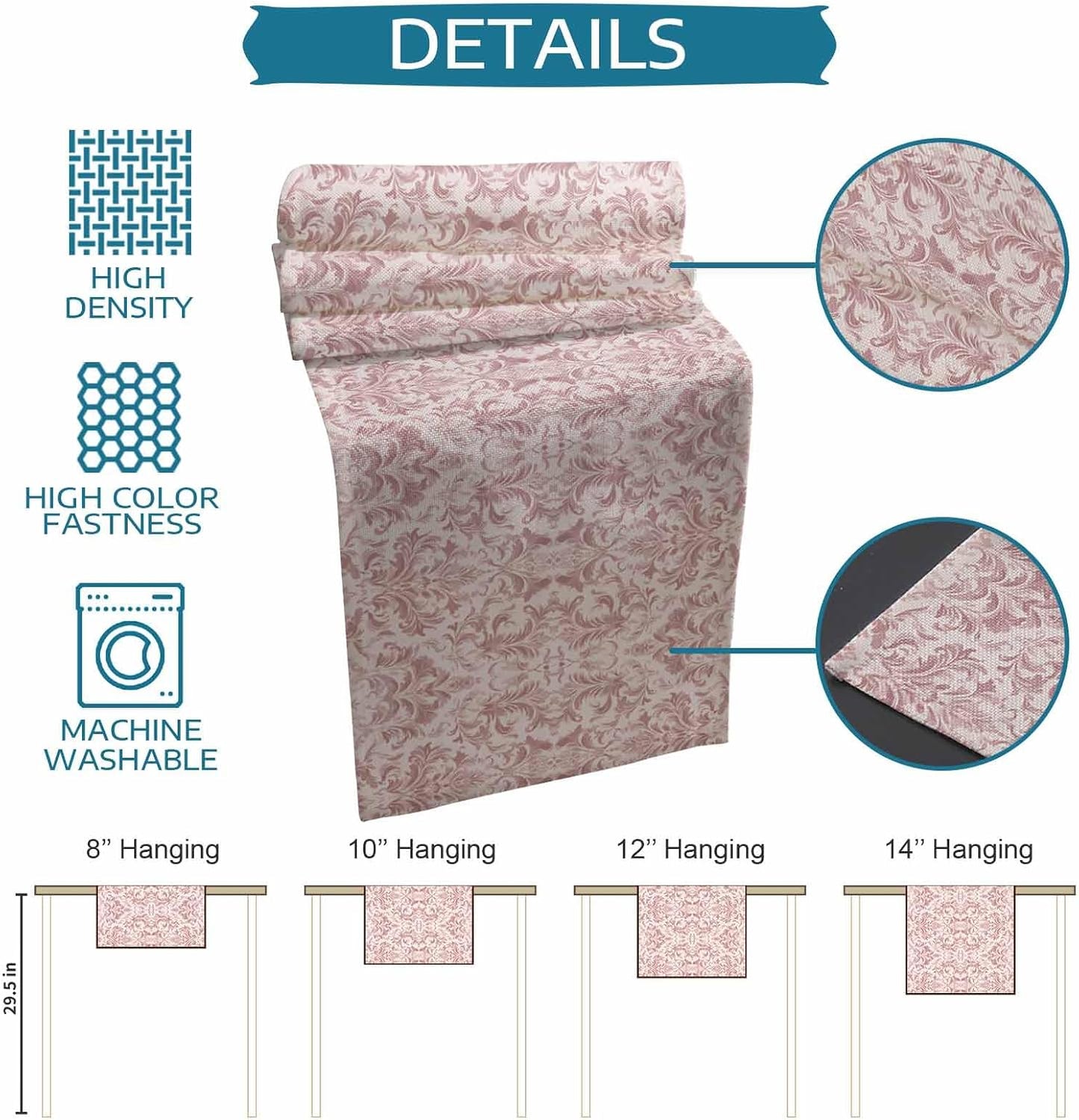 Pink Baroque Table Runner 70 Inches Long, Kitchen Dining Table Decoration, Farmhouse Scroll Floral Damask Patterned Coffee Tablerunner Dress Scarves Farmhouse Décor for Party, Holiday, 13 x 70