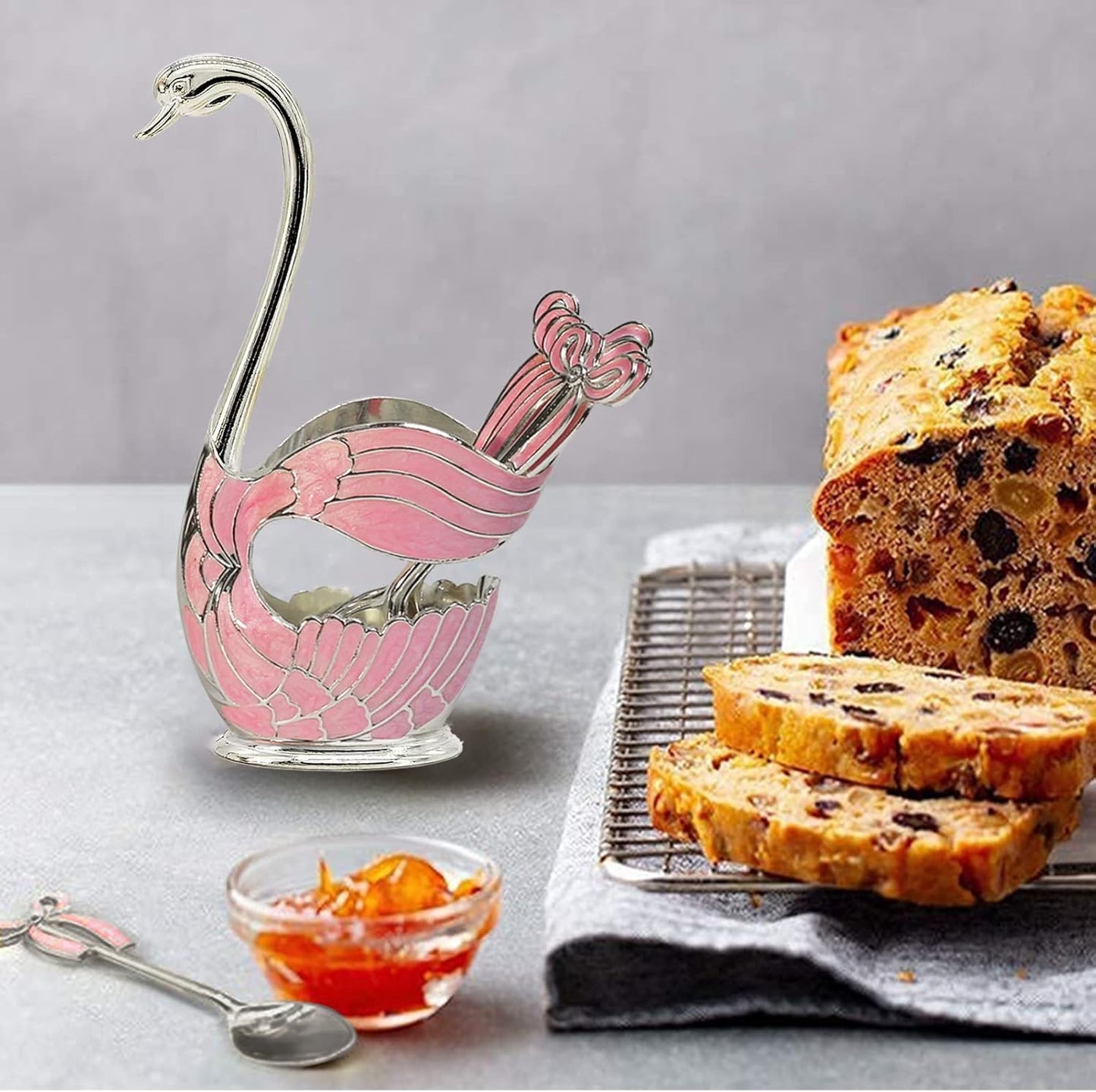 Flylin Metal Swan Base Holder: 6pcs Organizer Set with Ice Cream Spoons, Teaspoons, Dessert Spoon + Spoon Holder (Pink)