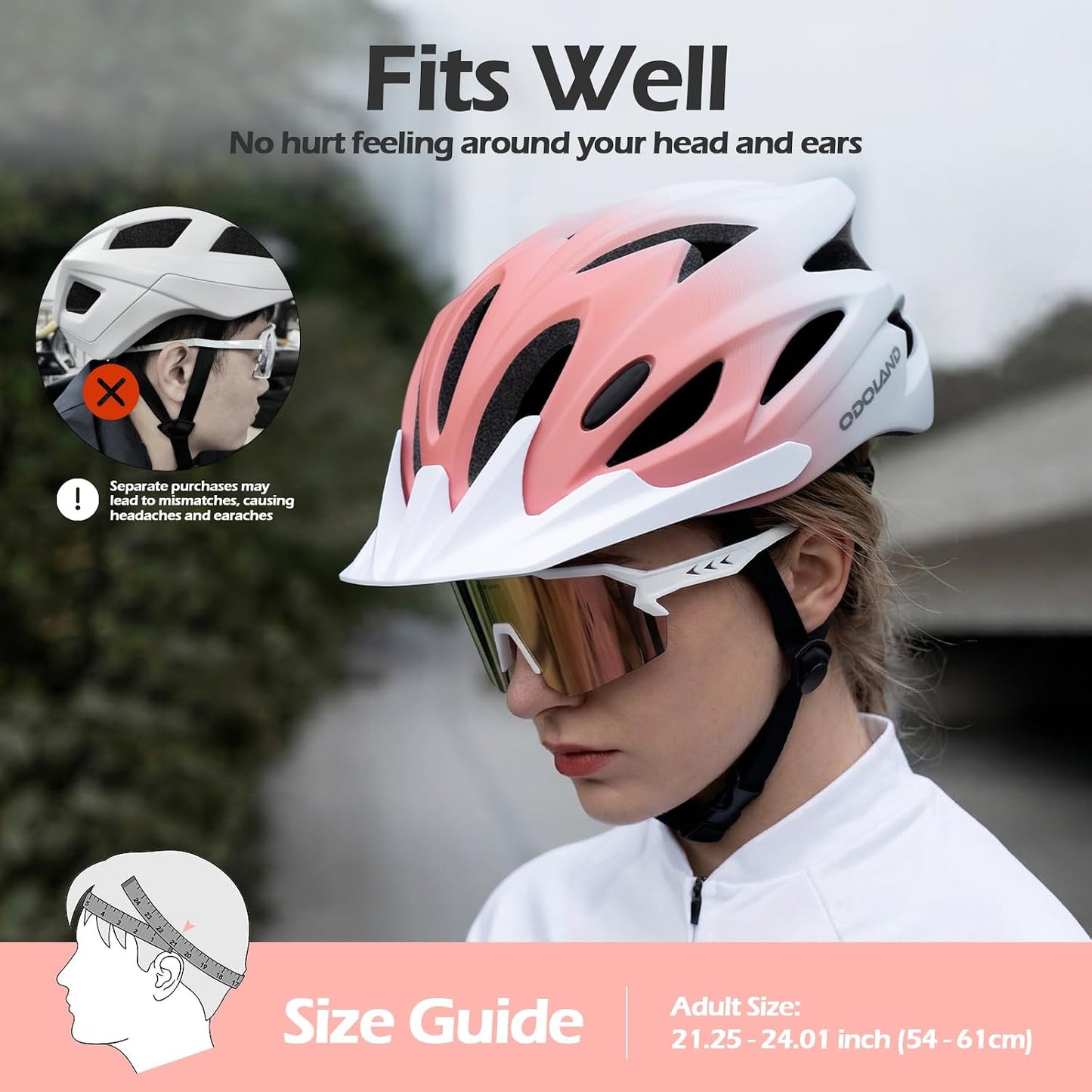 Odoland Adult Bike Helmet and Cycling Sunglasses Set for Men & Women, Safety Certified Bicycle Helmet with UV Protection Glasses for Mountain, Skating, Road, City Commuting & Outdoor Riding