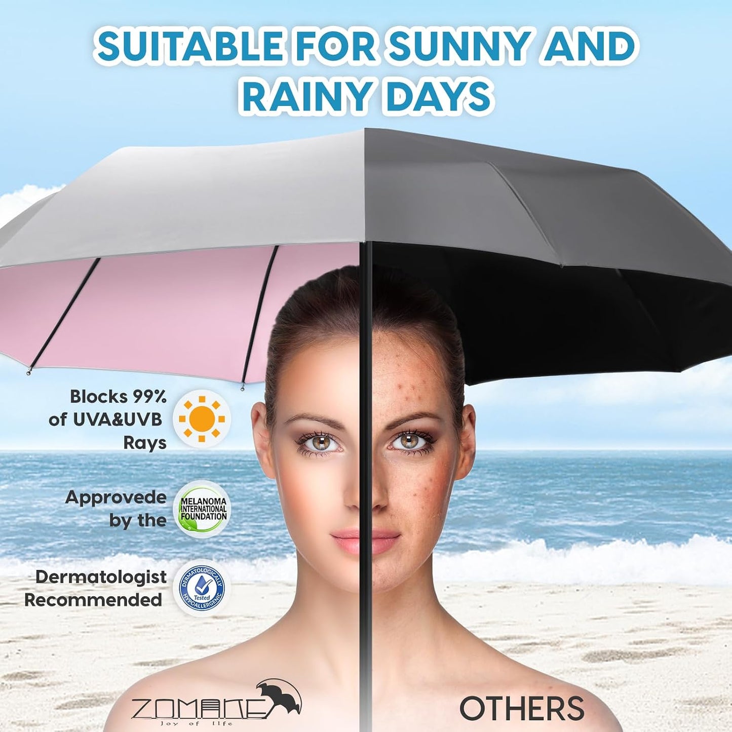 ZOMAKE UV Umbrella for Sun Protection UPF 50+,43/46 Inch Travel Compact Sun Umbrellas UV Blocking Small Auto Open Portable for Walking