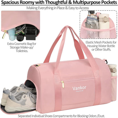 Vankor Small Gym Bag for Women with Shoe Compartment, Waterproof Sports Duffle Bag for Travel Carry on Duffel, Weekender Beach Yoga Workout Overnight Mommy Maternity Hospital Bag Pink 17.5 inches