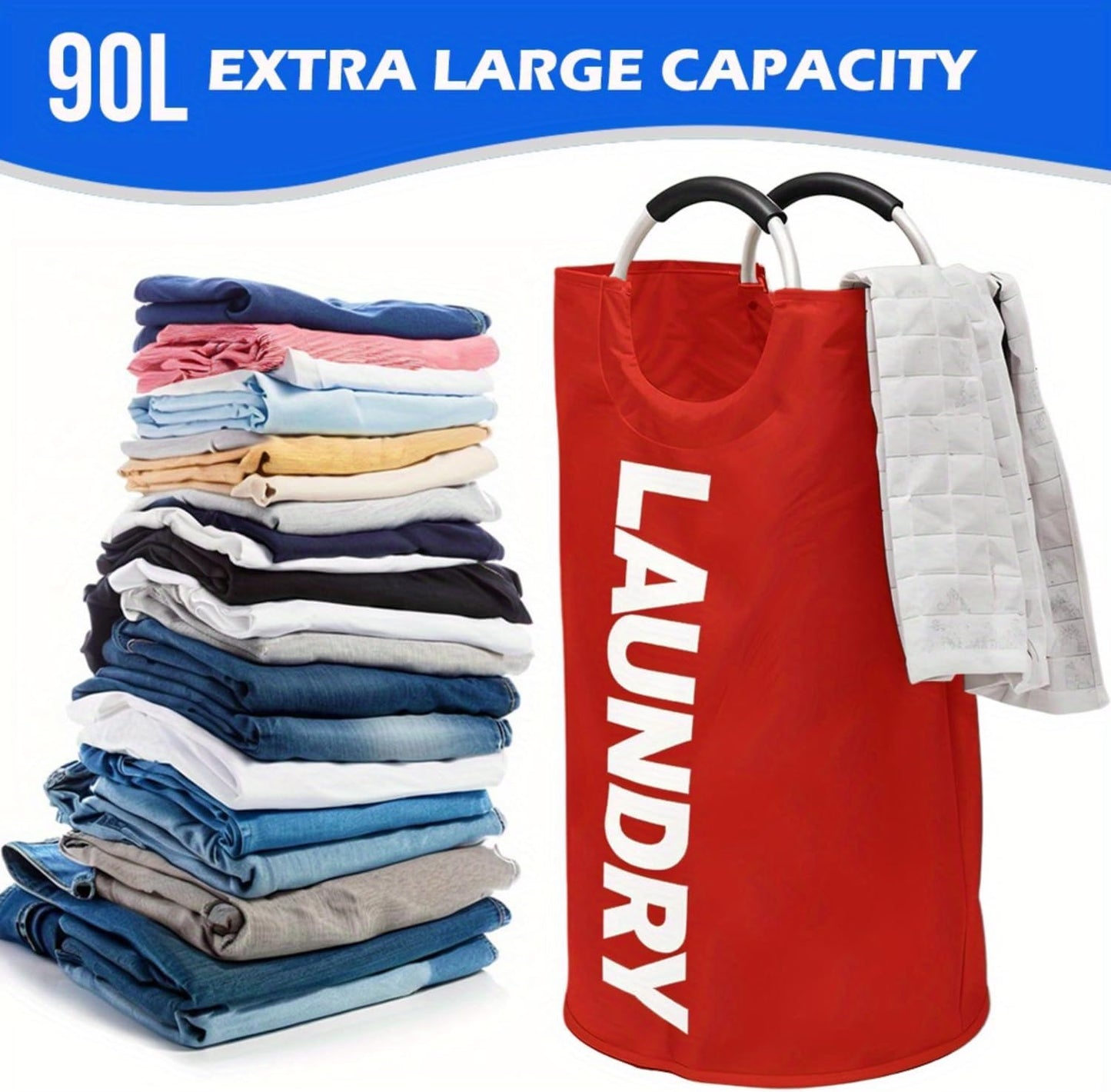 Large Collapsible Laundry Basket with Aluminum Handles, 90L Foldable Tall Clothes Hamper, 2 Pack (pink and red)