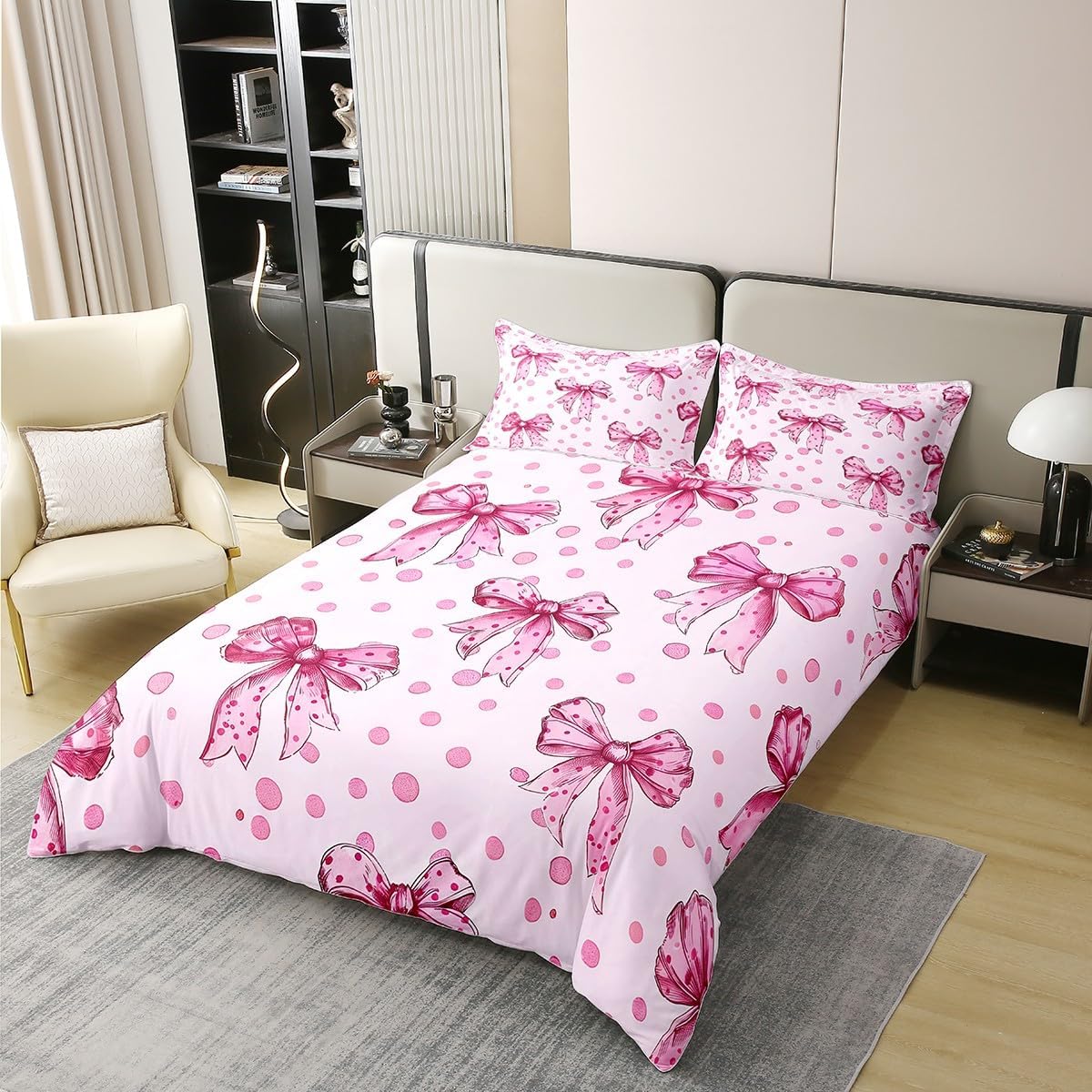 Erosebridal Pink Princess Bow 100% Cotton Duvet Cover Twin Cute Coquette Bowknot Bedding Set for Kids Girls Adults Kawaii Ribbon Bow Comforter Cover Pink Watercolor Polka Dot Bed Set 2 Pcs