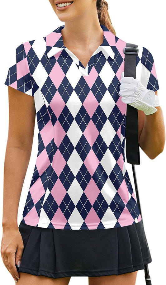 PINSPARK Womens Golf Shirt Short Sleeve Polo Shirts Quick Dry Tennis Tops V-Neck with Collar Pickleball Shirts Golf Outfits