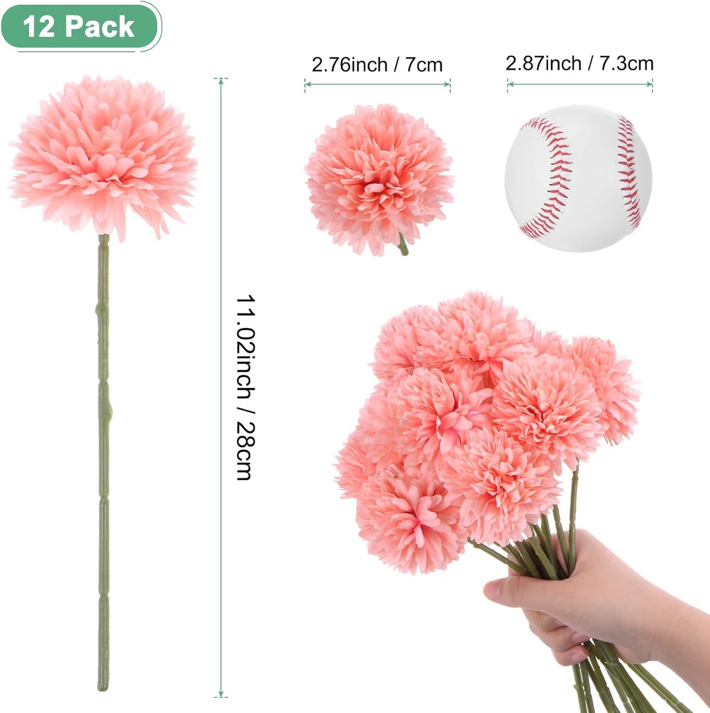 M METERXITY 12-Pack Artificial Chrysanthemum Ball Flowers, 11 Inch Faux Chrysanthemum Silk Bouquets Real Touch Faux Flowers for Home/Wedding/Christmas/Party[Peach Pink]
