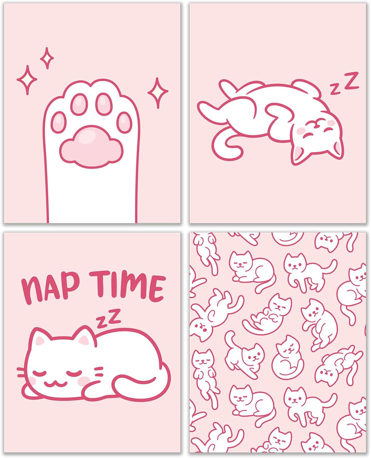 Crystal Canvas Prints Pink Cat Prints - Set of 4 (8x10) Inches Glossy Kawaii Kitten Paw Beans Cute Minimalist Pastel Blush Cartoon Anime Wall Art Decor