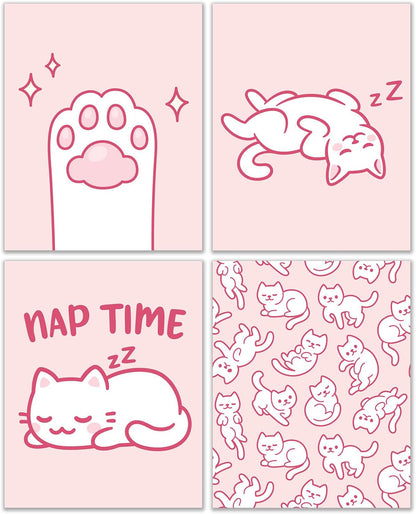 Crystal Canvas Prints Pink Cat Prints - Set of 4 (8x10) Inches Glossy Kawaii Kitten Paw Beans Cute Minimalist Pastel Blush Cartoon Anime Wall Art Decor