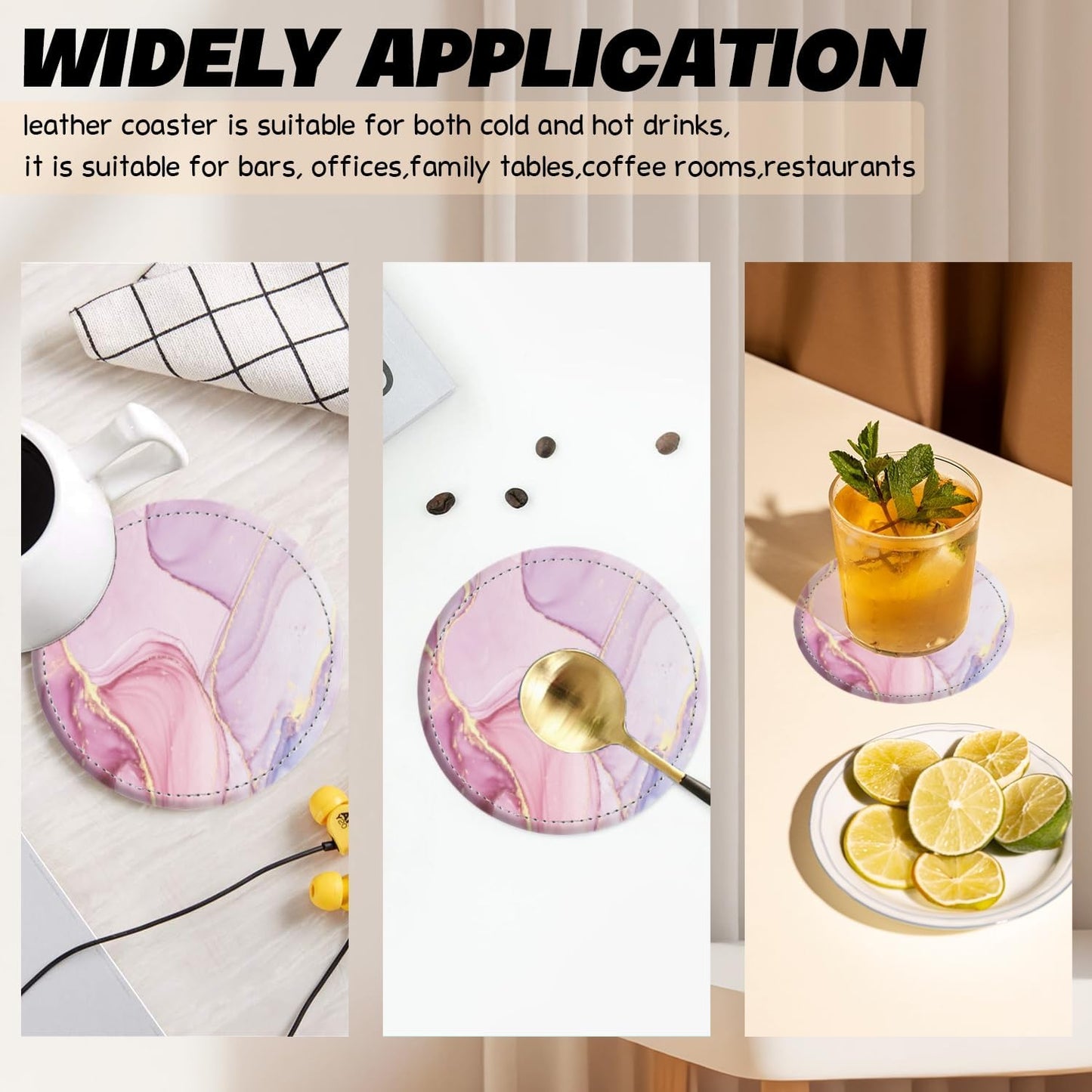 Coasters for Drinks PU Leather,Set of 6 with Holder,Round Housewarming Gift Home Decor,Pink and Golden Marble