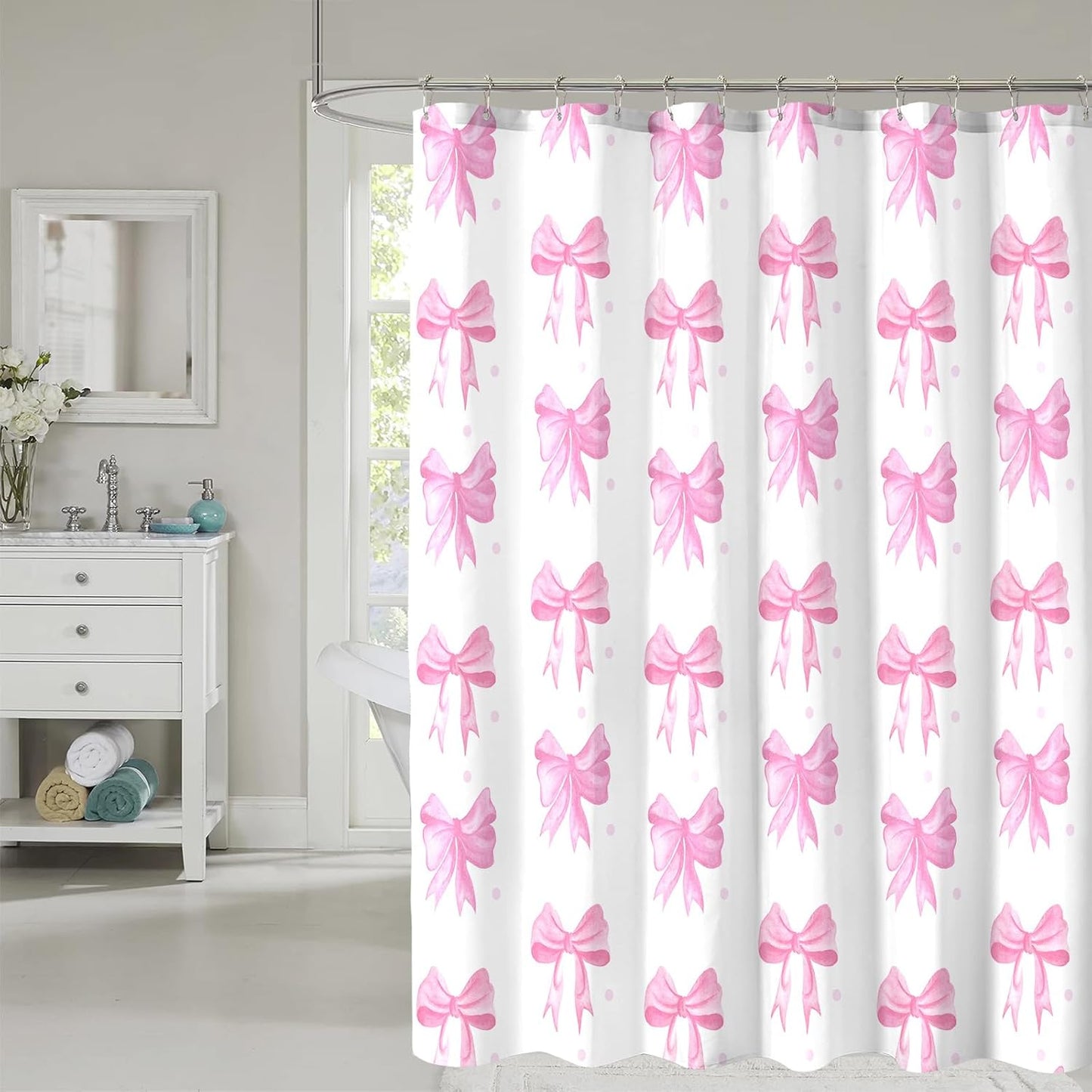 Pink Shower Curtain, Cute Bow Kids Girls Girly Fabric Bathroom Curtains Set with Hooks, Waterproof Home Decoration, 72x72 Inch