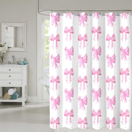Pink Shower Curtain, Cute Bow Kids Girls Girly Fabric Bathroom Curtains Set with Hooks, Waterproof Home Decoration, 72x72 Inch