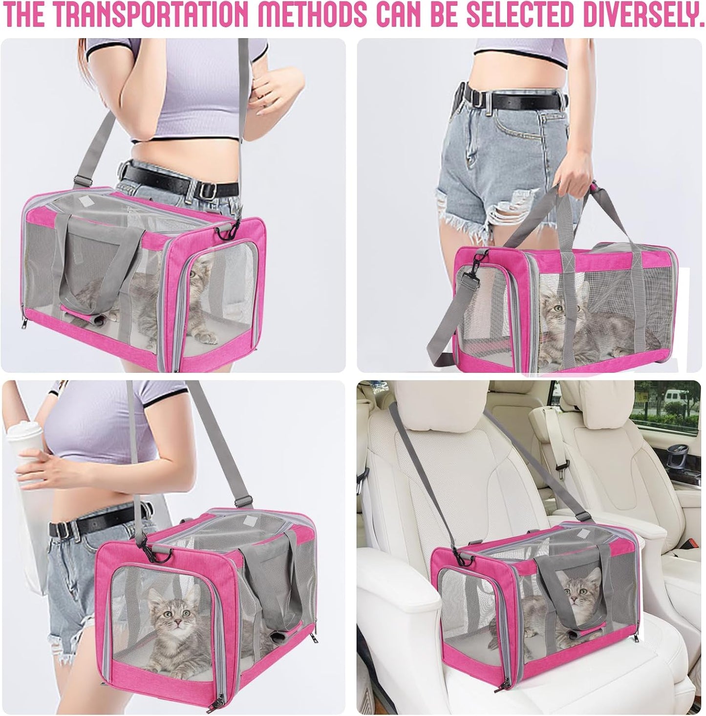 Pet Carrier for Large Cats of 16 Lbs, Collapsible Carrier Bag for Medium Cat or Kittens,Soft Sided Puppy Carrier with Sturdy Travel Transport Strap, Adequate Ventilation, 4 Mesh Windows (Pink)