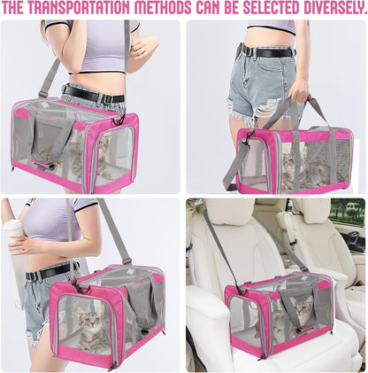 Pet Carrier for Large Cats of 16 Lbs, Collapsible Carrier Bag for Medium Cat or Kittens,Soft Sided Puppy Carrier with Sturdy Travel Transport Strap, Adequate Ventilation, 4 Mesh Windows (Pink)