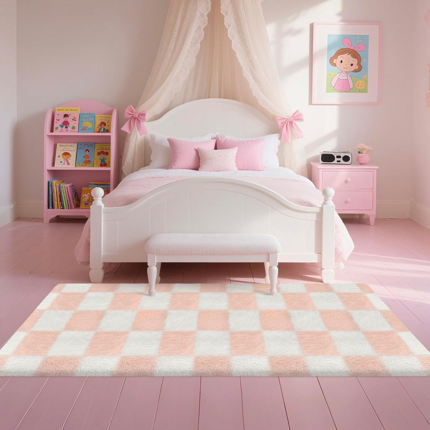 Soft Runner Rug for Bedroom 2x6 Pink and White Checkered Runner Shaggy Rug Indoor Fuzzy Carpet Non Slip Long Rug for Living Room Bedside Sofa Home Dorm