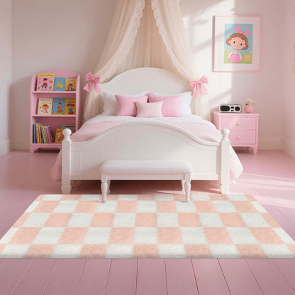 Soft Runner Rug for Bedroom 2x6 Pink and White Checkered Runner Shaggy Rug Indoor Fuzzy Carpet Non Slip Long Rug for Living Room Bedside Sofa Home Dorm