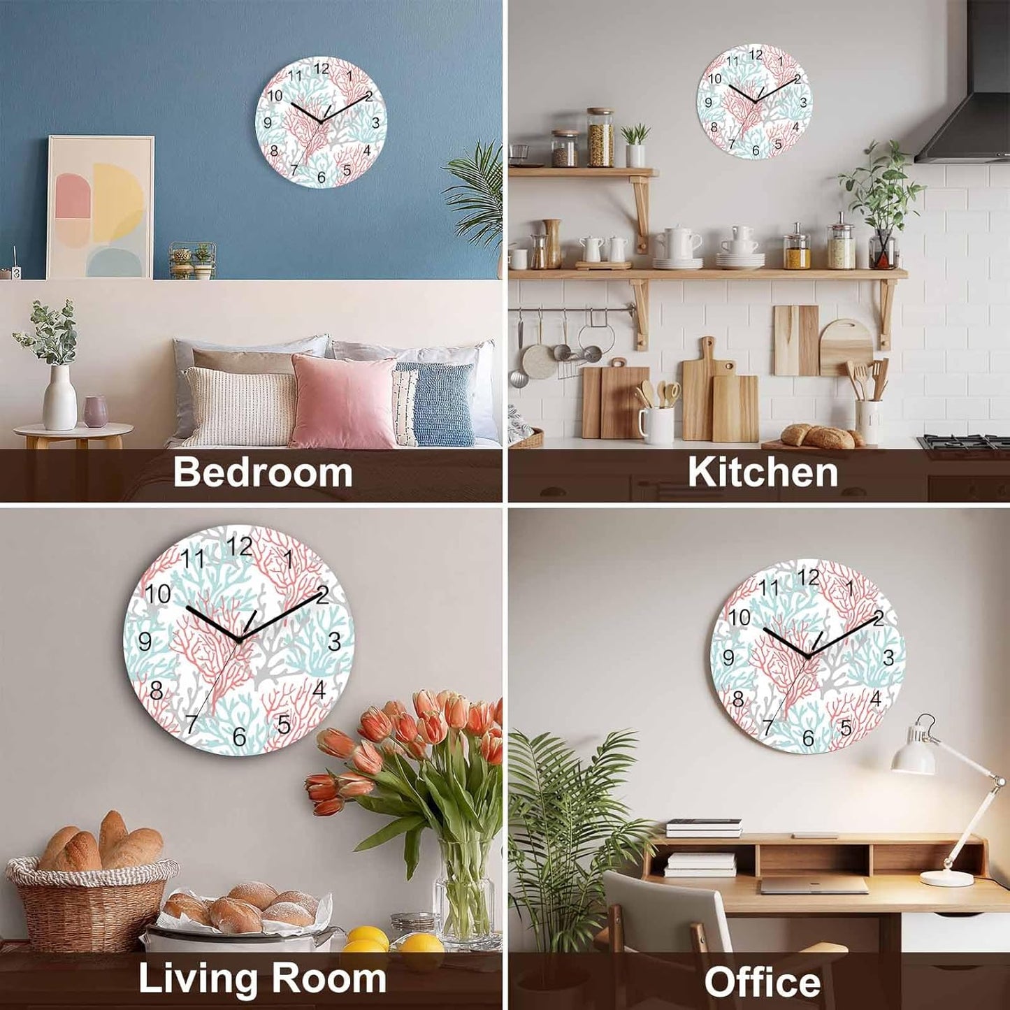 Summer Gradient Pink Teal Ocean Coral Sea Wall Clock Battery Operated Non-Ticking 10" Round Wood Clocks, Kitchen Wall Clock for School Bathroom Living Room Home Office Wall Decor