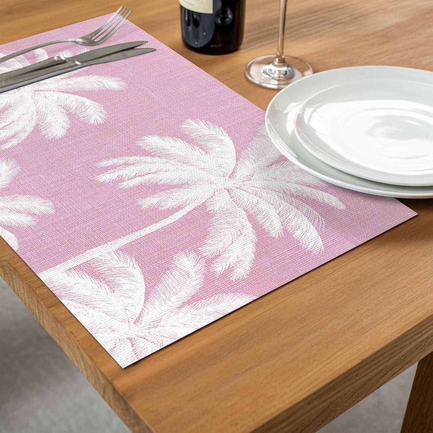 Peach Pink Palm Tree Placemats Set of 4, Washable PVC Kitchen Table Mats Place Mats, Summer Botancial Tropical Farmhouse Woven Vinyl Placemat for Dining Table, 13" x 19"