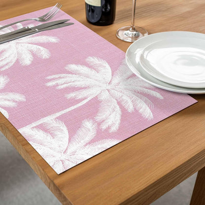 Peach Pink Palm Tree Placemats Set of 4, Washable PVC Kitchen Table Mats Place Mats, Summer Botancial Tropical Farmhouse Woven Vinyl Placemat for Dining Table, 13" x 19"