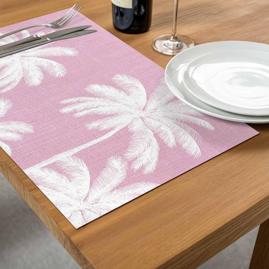 Peach Pink Palm Tree Placemats Set of 4, Washable PVC Kitchen Table Mats Place Mats, Summer Botancial Tropical Farmhouse Woven Vinyl Placemat for Dining Table, 13" x 19"
