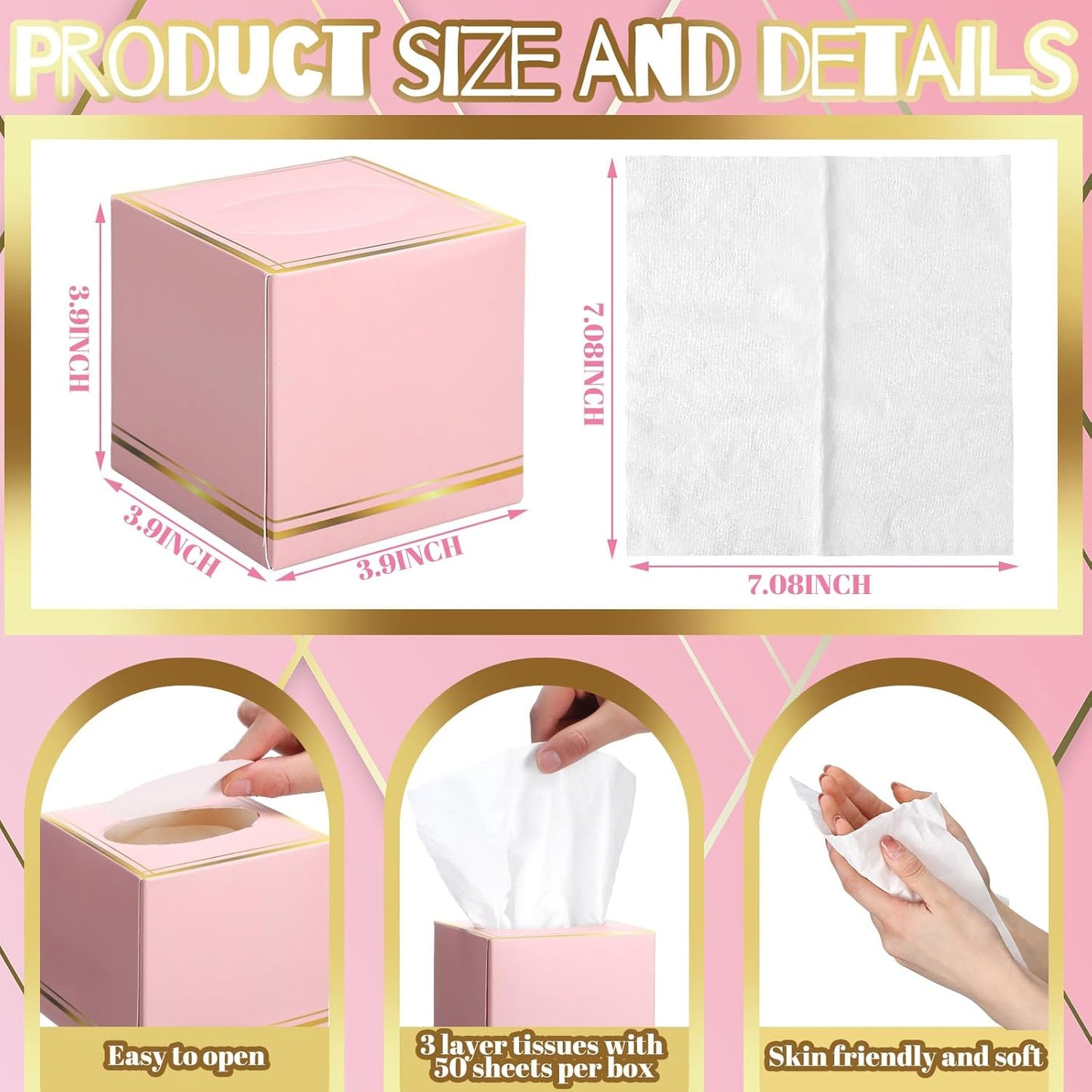 Fourluoo 12 Pack Facial Tissues Cube Boxes Face Box 600 Sheets 3 ply Soft Paper Square Tissues Bulk for Car Pocket Toilet Household Bedroom Family(Pink)