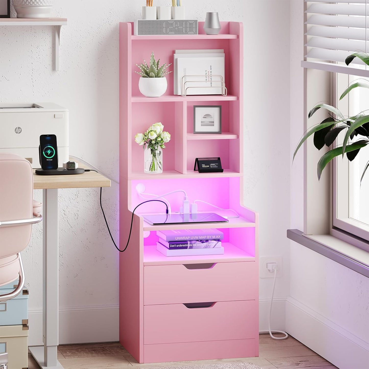 ADORNEVE Tall Night Stand with Charging Station and LED Lights,Nightstand with Bookshelf,Bedside Table with Drawers & Power Outlets,End Side Table for Bedrooms,Pink