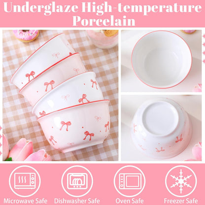 Maxdot 4 Pcs Pink Bow Ceramic Bowls Set 4.5 Inch 10oz Cute Bowls Aesthetic Under Glaze Dinnerware for Kitchen Kitchen Dining Serving Decorative Porcelain Dishes for Couples Families Daily Use Gifting