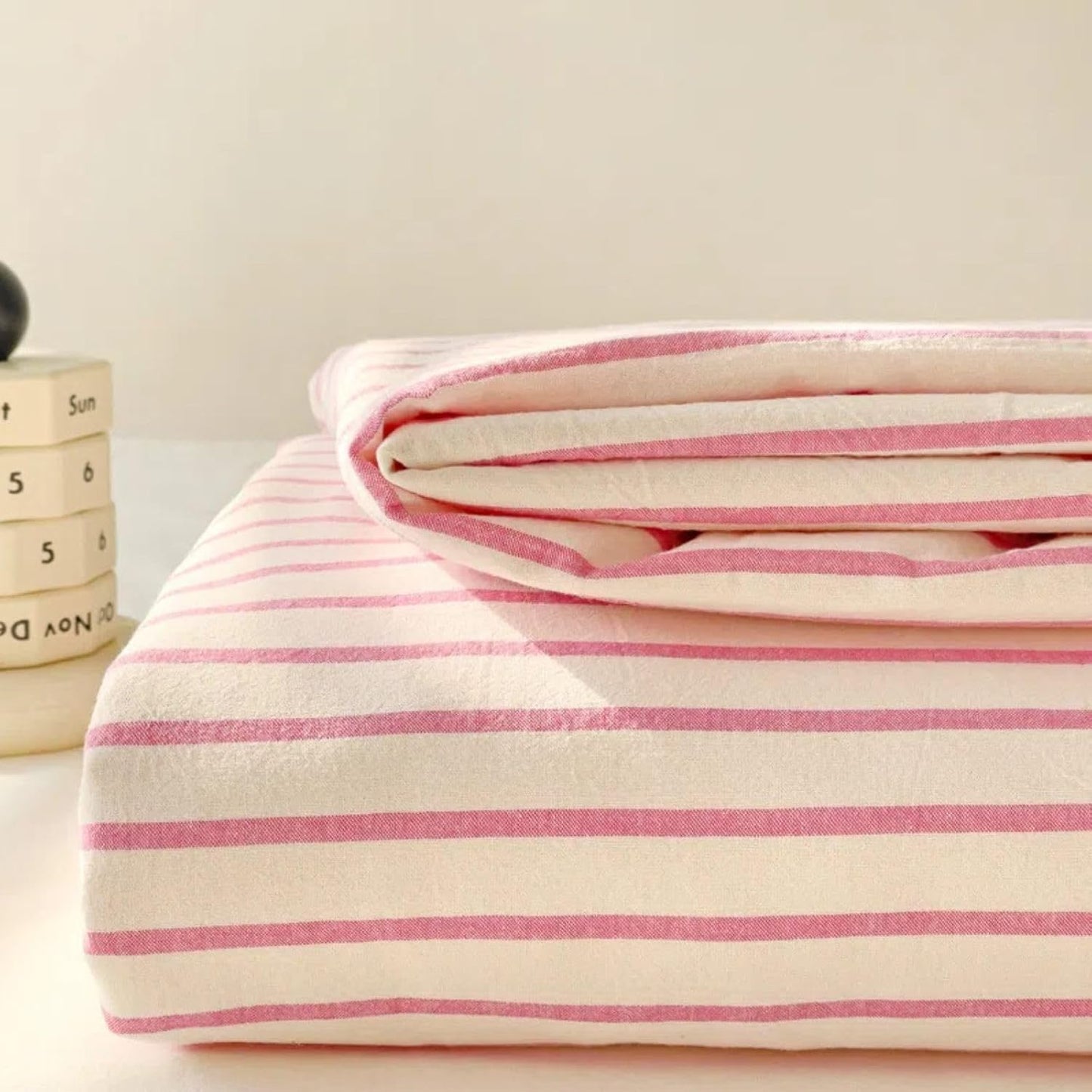 Pink Striped Sheets Queen Size Chic Bedding Set with Flat Sheet and Pillowcases 100% Washed Cotton Soft & Breathable 3-Piece Comfy Bed Sheets