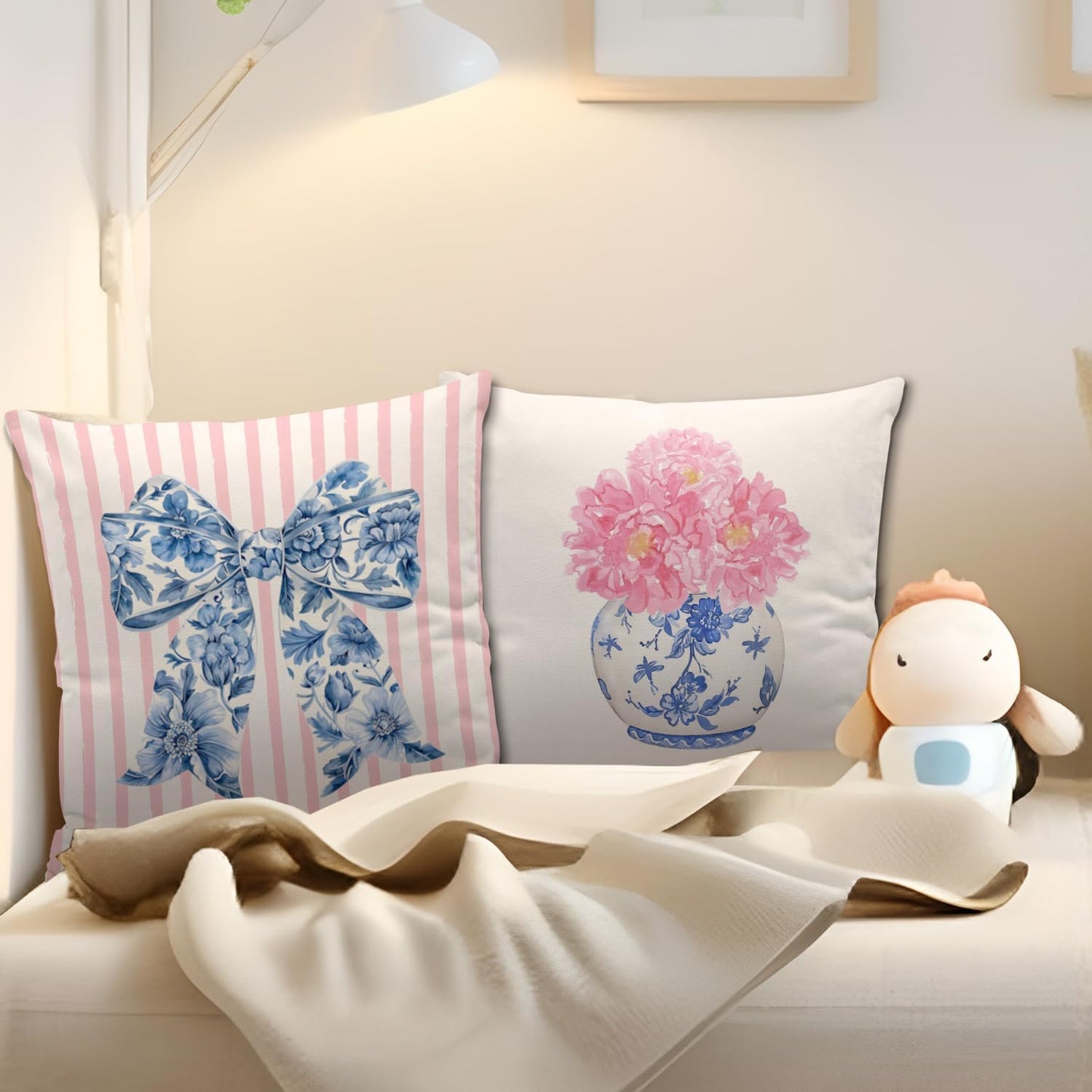 Coquette Chinoiserie Bow Pillow Covers 18x18 - Blue and White Floral Throw Pillow Cases, Pink Bow Room Decor, Girly Room Decor Aestheticm, Grand Millenial Pillow Covers Set of 2
