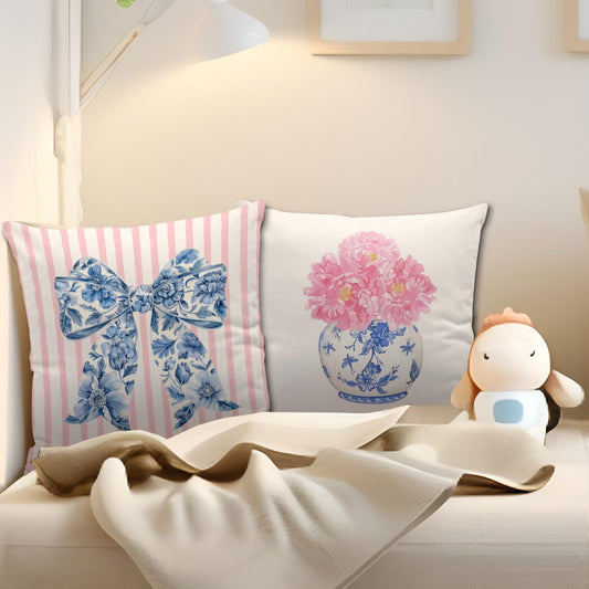 Coquette Chinoiserie Bow Pillow Covers 18x18 - Blue and White Floral Throw Pillow Cases, Pink Bow Room Decor, Girly Room Decor Aestheticm, Grand Millenial Pillow Covers Set of 2