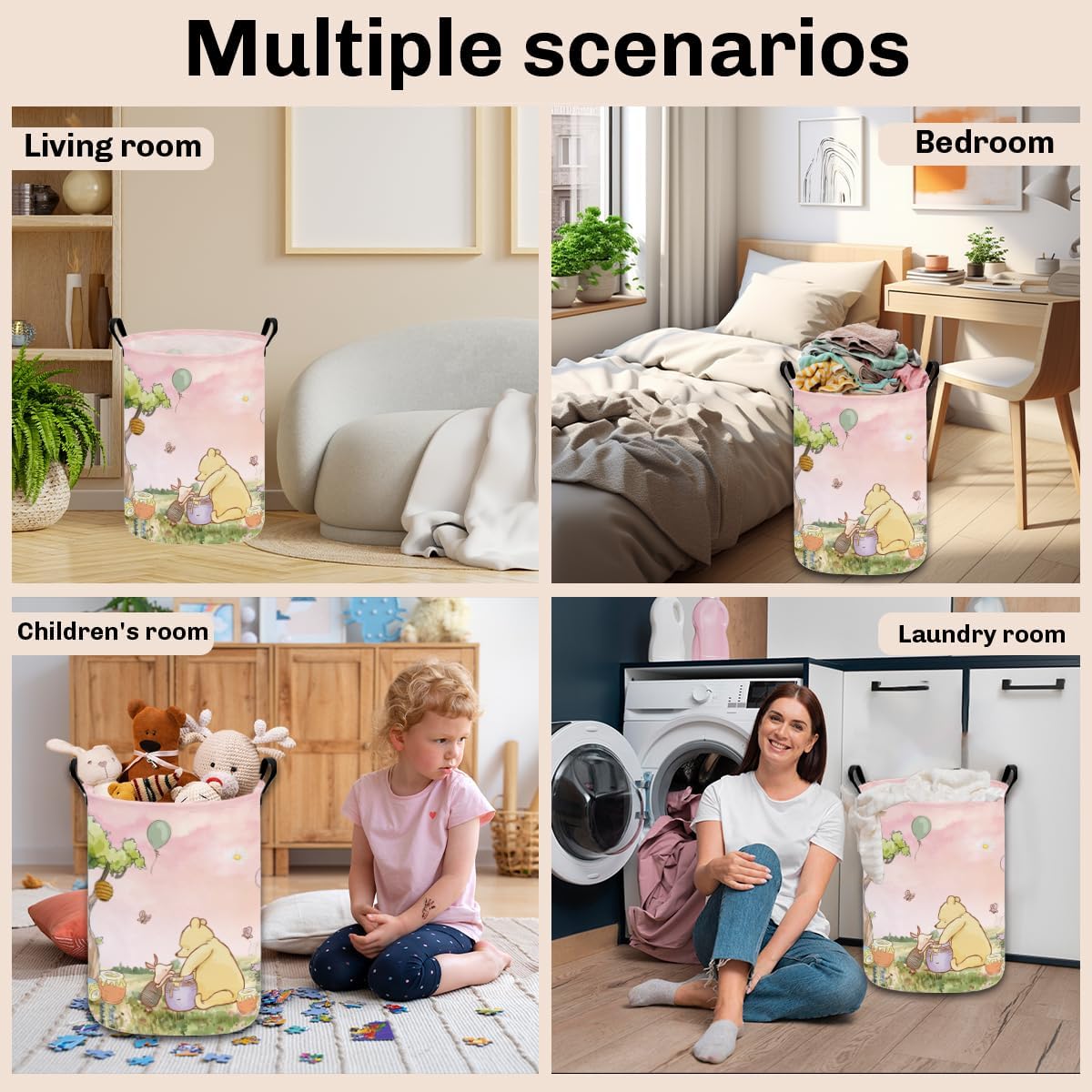 Greatingreat Pink Winnie Foldable Laundry Hamper, Circular Canvas Storage Basket with PE Coating, Collapsible Clothes Organizer for Home, Nursery, and Bedroom