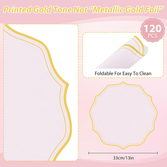 120 Pcs Pink Round Paper Placemats 13.5 Inch Disposable Paper Placemats with Gold Printed Wavy Edged Scalloped Decorative Table Mat for Wedding Party Baby Shower Banquet Holiday Dining Table Decor