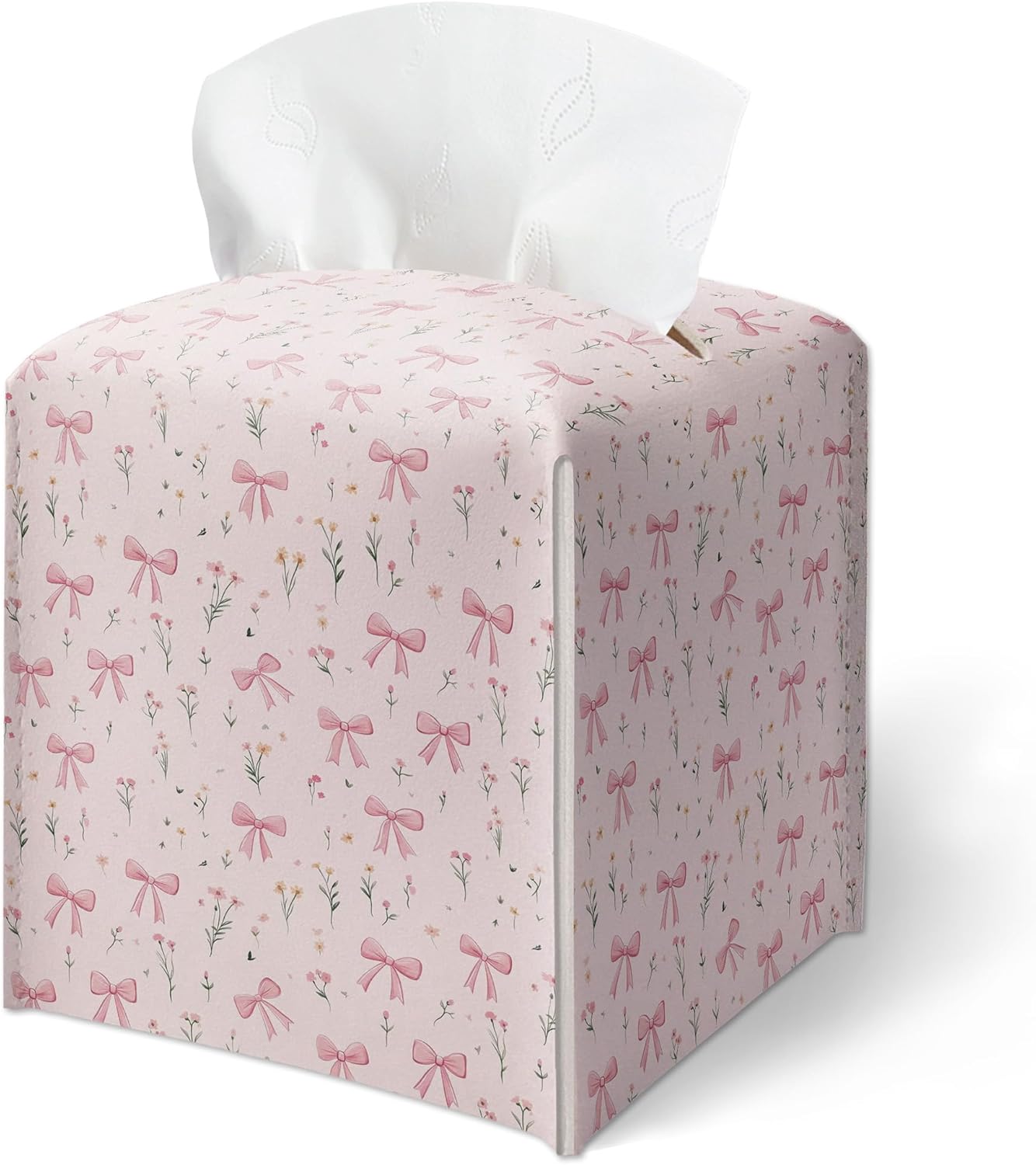 Pink Bows With Ditsy Flowers Tissue Box Cover, Girly Cute Floral Prints Tissue Box Cover Square-Waterproof Leather, Desktop Decor for Kitchen, Bathroom, Nightstand, Office, Gift for Women & Friend-A24