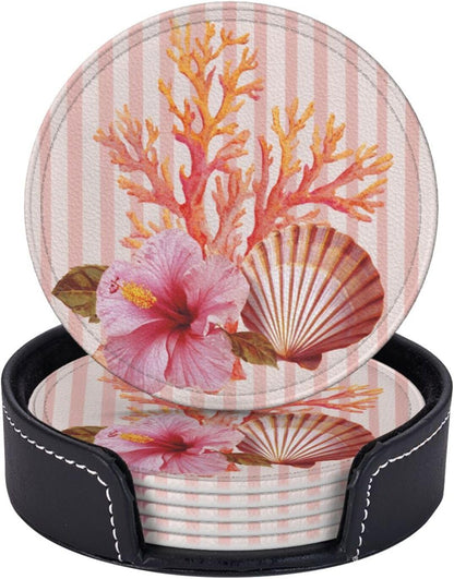 Light Pink Scallop Shell Hibiscus Flower Premium Leather Coasters, Set of 6 with Holder, Stylish Beverage Coasters for Kitchen Coffee Bar