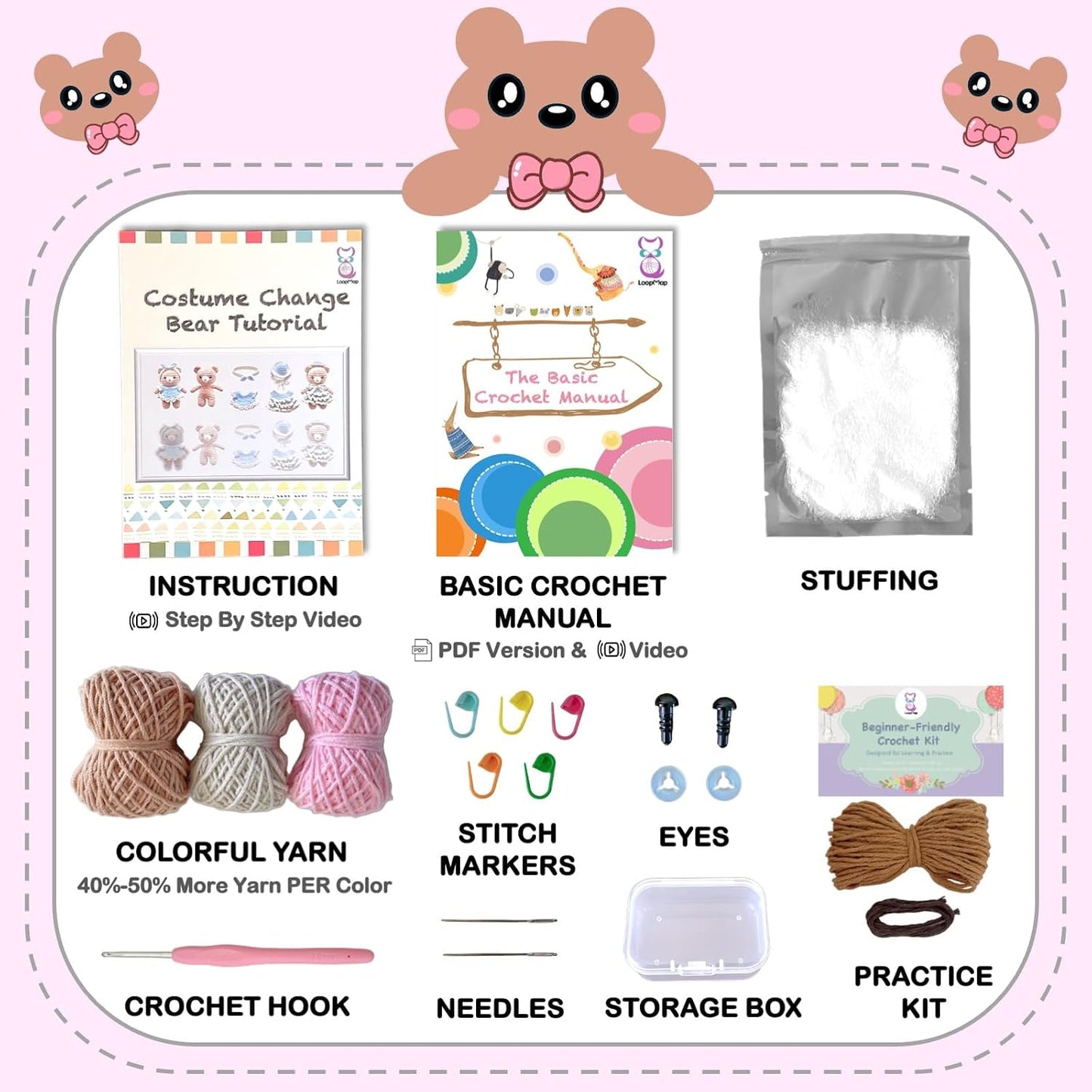 LoopMap Crochet Kit for Beginners – Amigurumi Crochet Animal Kit, Easy Starter Kit with Video Tutorial, Complete Crochet Kit with Extra Yarn, Gift for Adults & Teens (Bear, Pink)