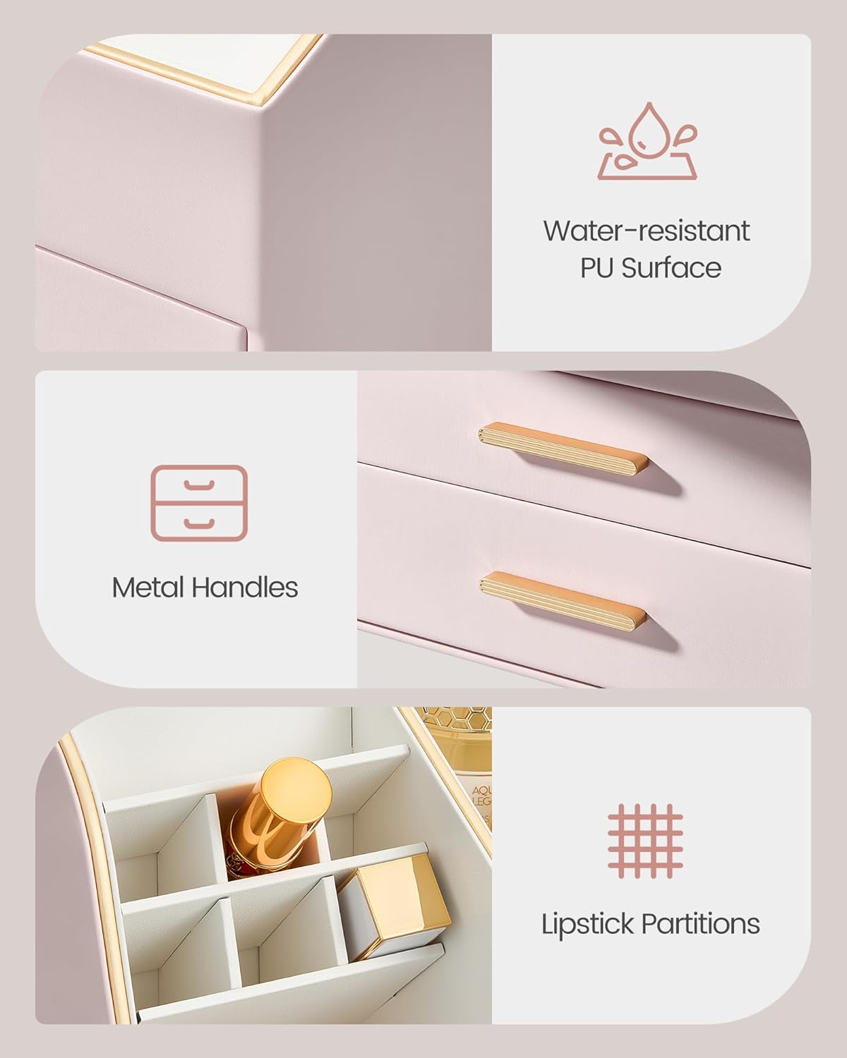 Lolalet Makeup Organizer Countertop with Drawers, Easy to Clean PU Leather Storage Box, 3-Layer Cosmetic Holder for Skincare, Lipstick, Perfume & Brush, Display Case for Vanity Dresser Bathroom - Pink