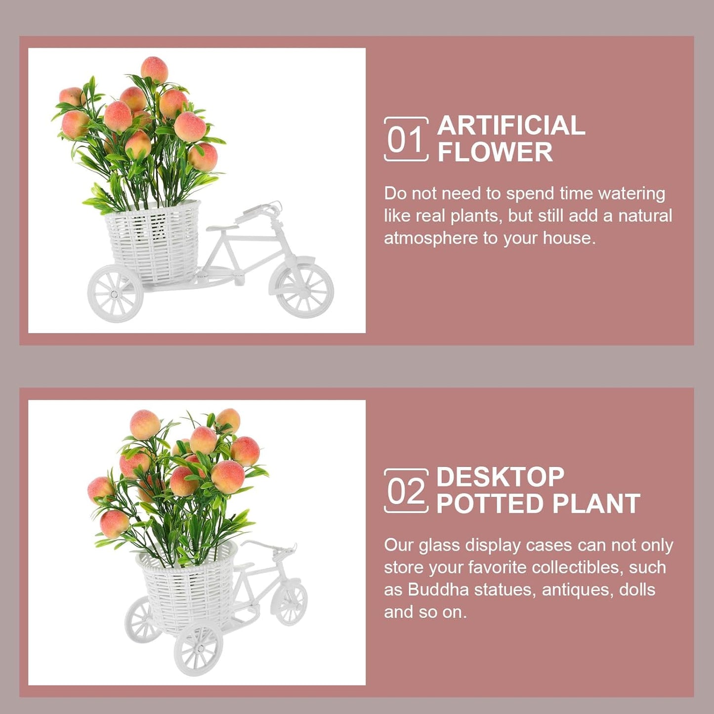 Beaupretty Artificial Peach Flowers and Bike Basket Set, Small Faux Floral Centerpiece with Plastic Pot, Wedding and Party Decor for Table Display