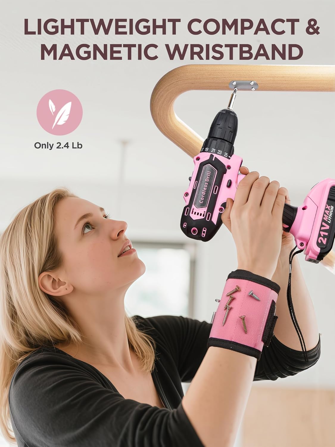 Pink Cordless Drill Set 202 Pcs, 21V Pink Power Drill Tool Set Kit with Storage Bag, Electric Drill Set for Women, Precision Screwdriver set, Magnetic Wristband, for Home DIY Projects