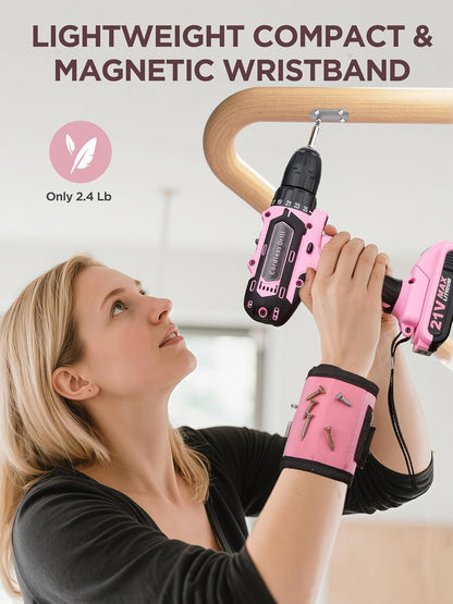 Pink Cordless Drill Set 202 Pcs, 21V Pink Power Drill Tool Set Kit with Storage Bag, Electric Drill Set for Women, Precision Screwdriver set, Magnetic Wristband, for Home DIY Projects