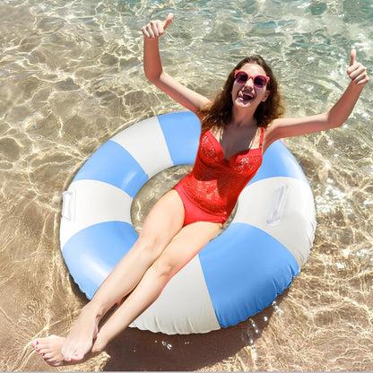 Classic Striped Pool Floats with Handle Inflatable Blue & White Stripes Tubes for Floating Large Swim Rings for Adult Summer Holiday Beach Bachelorette Party