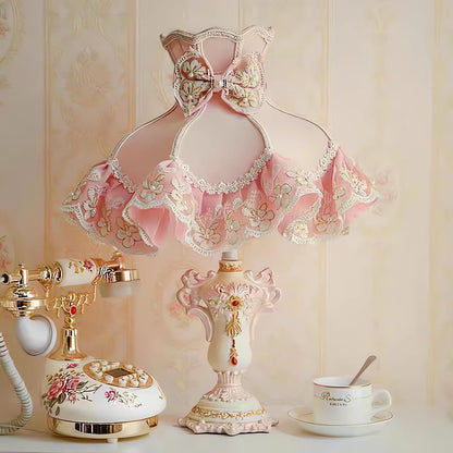 Pink Princess Table Lamp, Victorian Lace Bow Bedside Lamp with Soft Light, Resin Base Desk Lamp for Bedroom Vanity Nursery