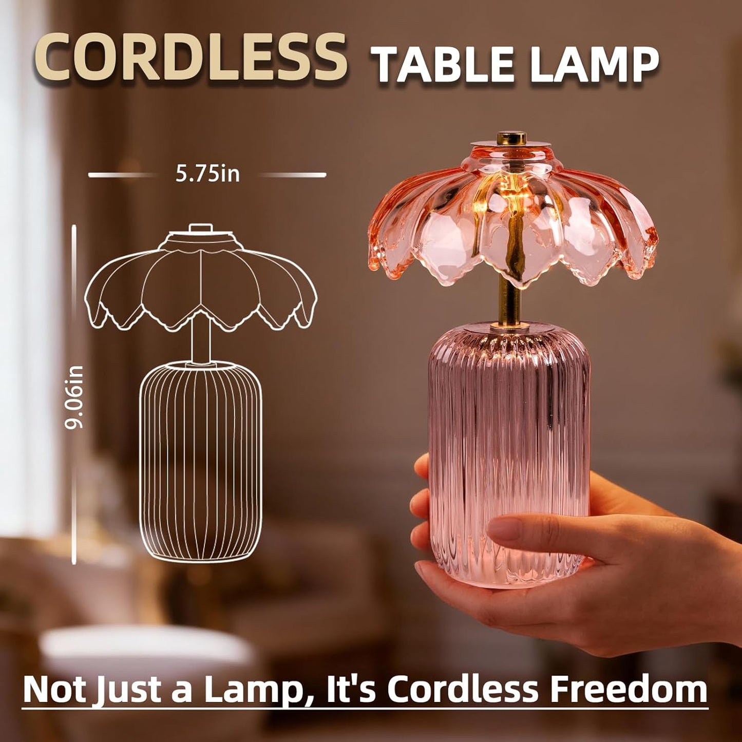 MJ PREMIER Cordless Lamp, Battery Operated Lamp with Timer, Crystal Glass Flower Lampshade, Small Table Lamps, Decorative Led Light for Bedroom Living Room Shelf (S-Pink)