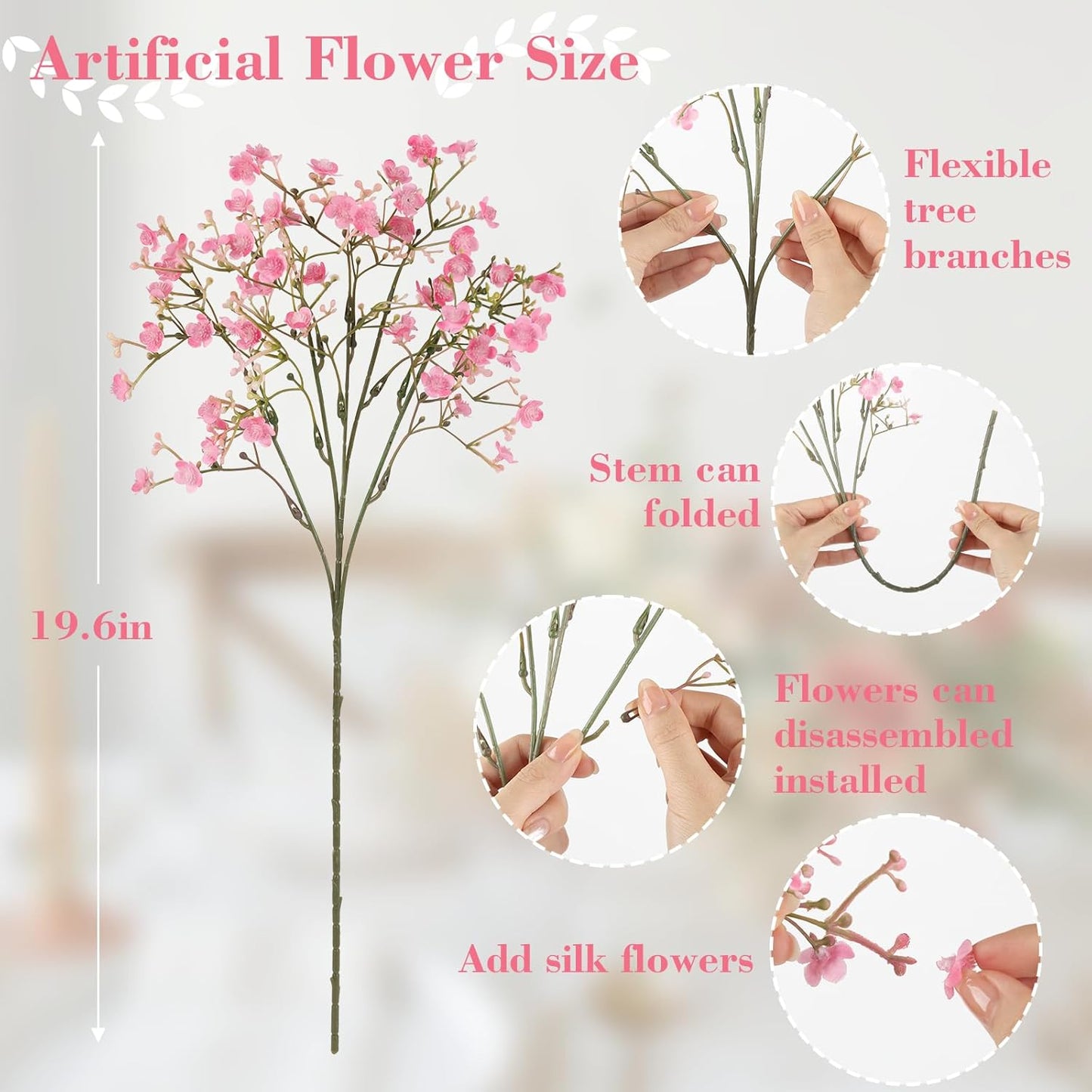 N&T NIETING 6Pcs Babys Breath Artificial Flowers,Real Touch Fake Cherry Blossom Pink Flowers Faux Flowers Bouquets for Vase Home Office Wedding Spring Indoor Outdoor Centerpiece Table Decorations