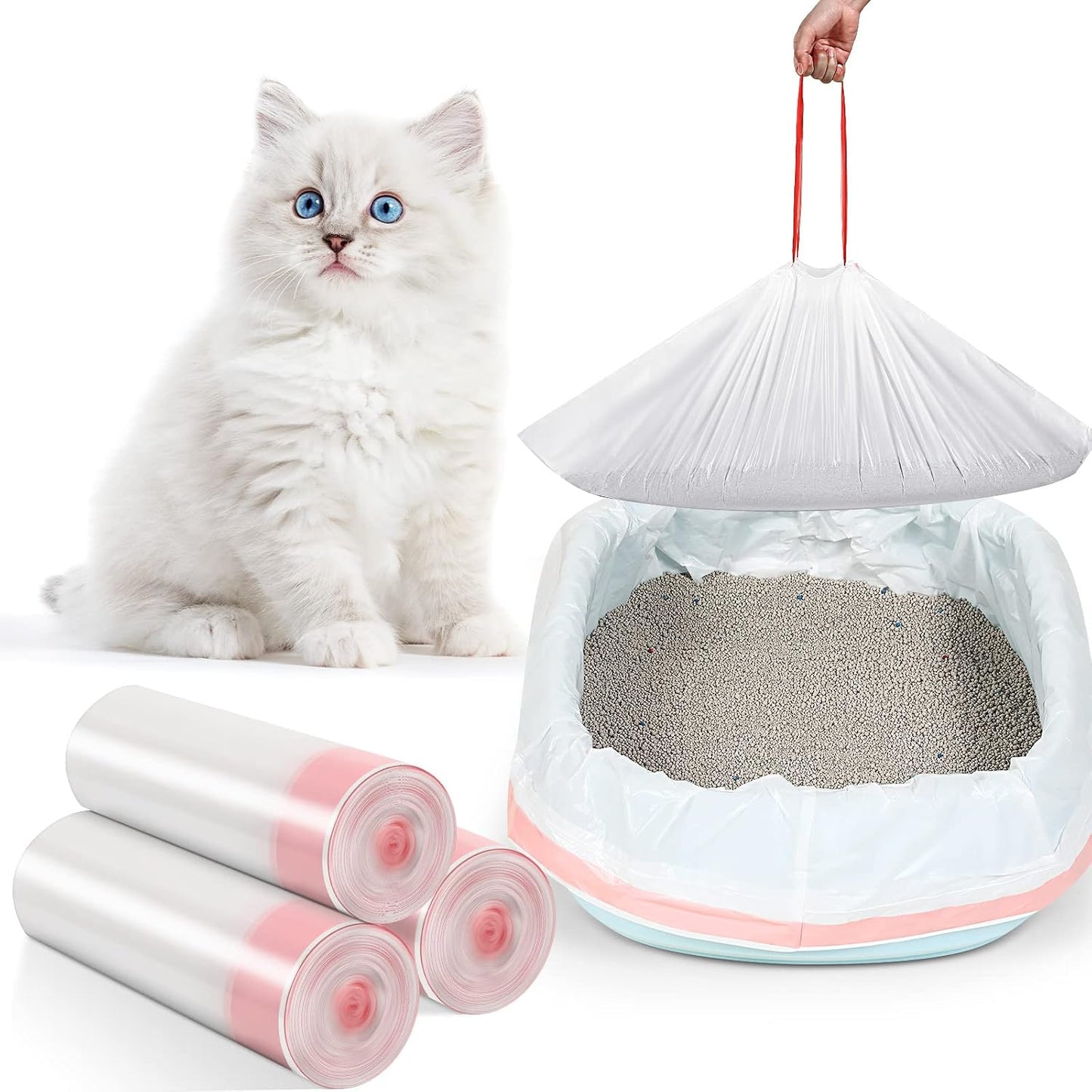Sabary 30 Cat Litter Box Bags Jumbo Kitty Pan Liners with Drawstring Sturdy Hdpe Material for Cat Pet Waste Litter Box Tray, Pink (31 x 18 Inch)