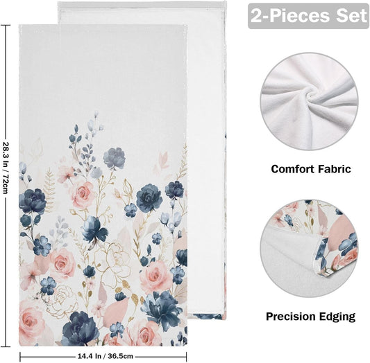 2 Pack Watercolor Rose Floral Hand Towels Soft Absorbent Vintage Elegant Navy Blue Pink Blossom Flower Bathroom Decor 14"x28" Guest Face Bath Towels,Decorative Towels for Bathroom,Kitchen