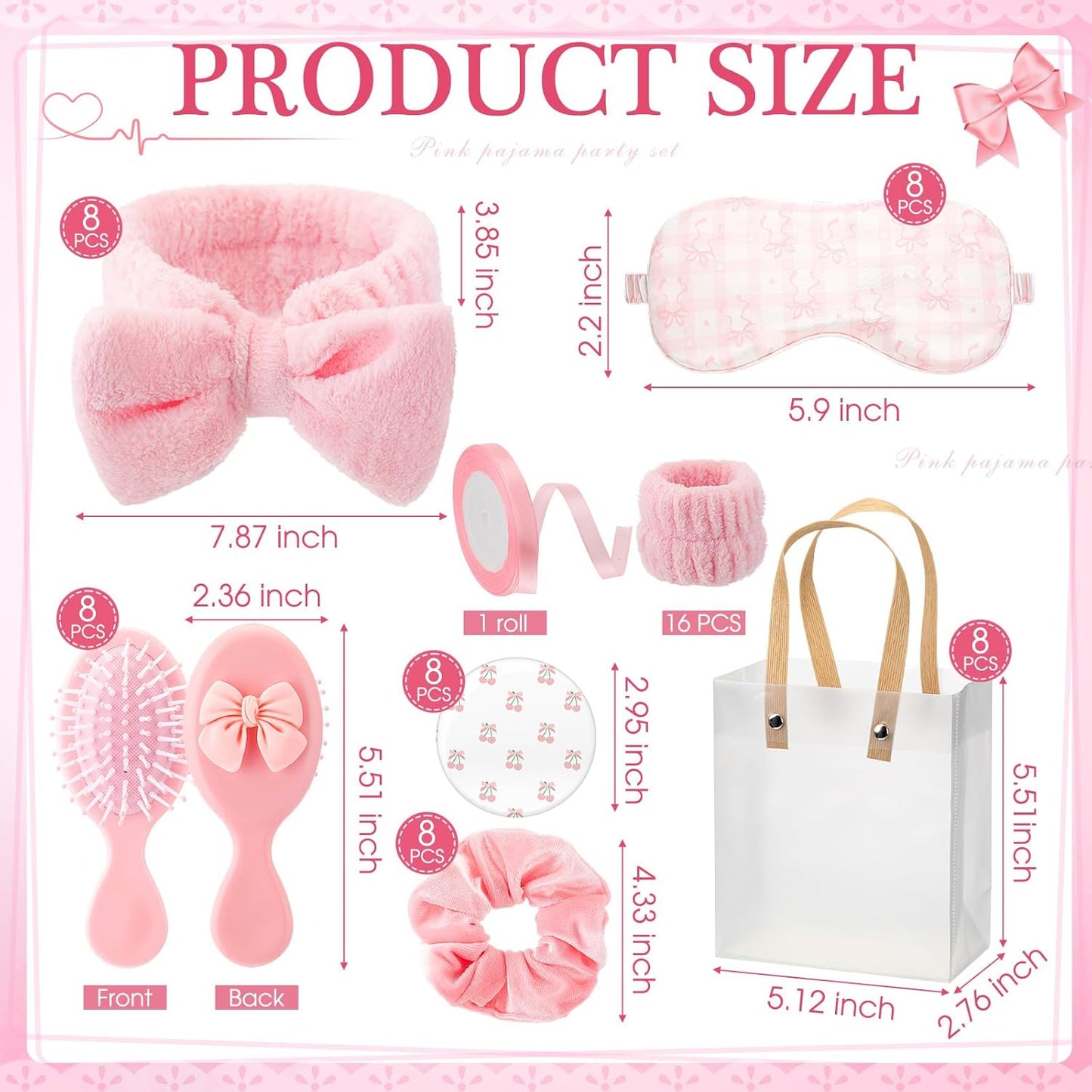 Honeydak 56 Pcs Pink Spa Sleepover Party Supplies Include Sleep Eye Mask Wristband Scrunchie Spa Headband with Coquette Bow Mirror Hair Comb Gift Bags for Women Girls Slumber Birthday Party Favors