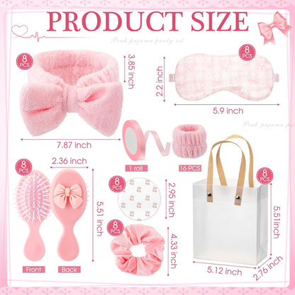 Honeydak 56 Pcs Pink Spa Sleepover Party Supplies Include Sleep Eye Mask Wristband Scrunchie Spa Headband with Coquette Bow Mirror Hair Comb Gift Bags for Women Girls Slumber Birthday Party Favors