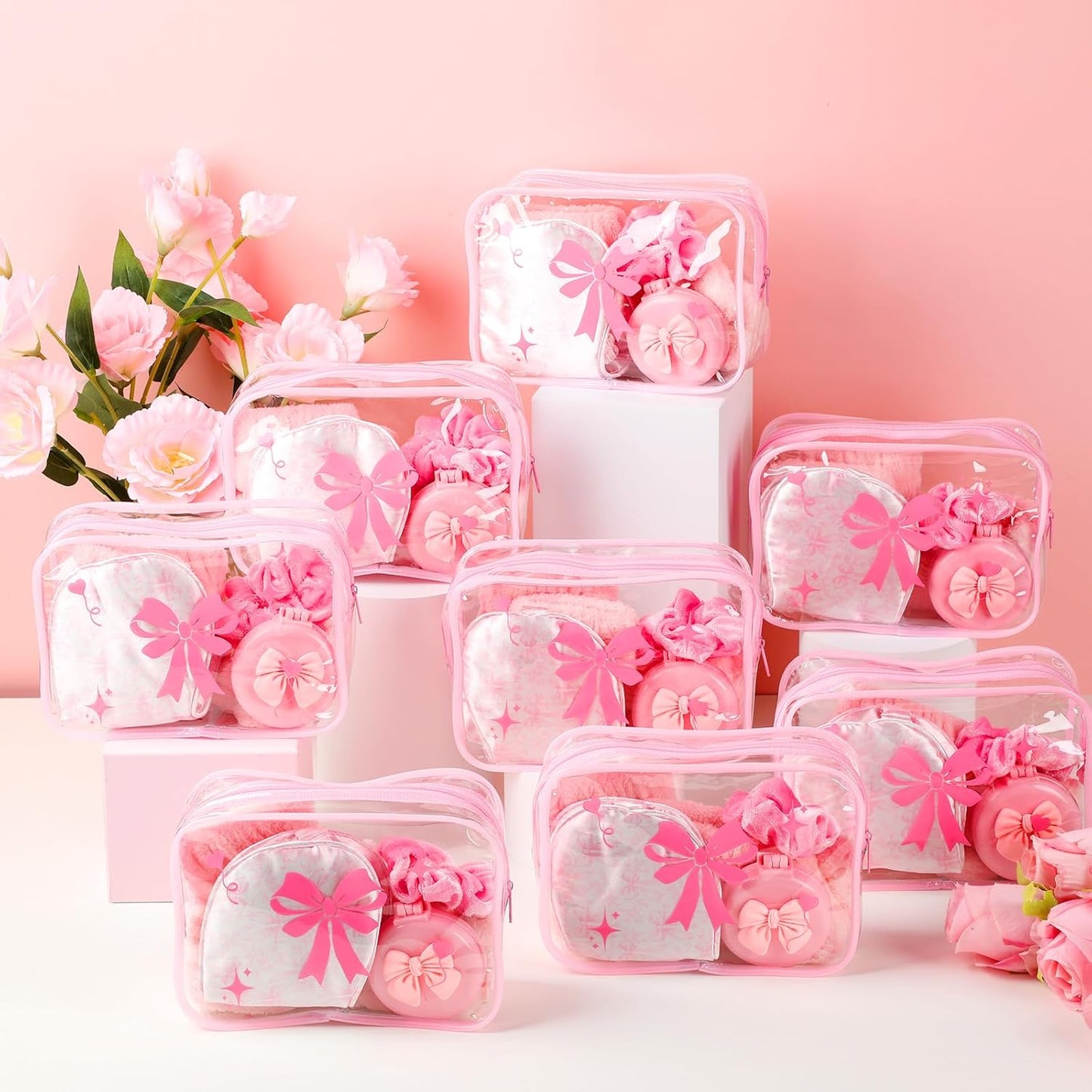 Honeydak 48 Pcs/ 8 Set Pink Bow Coquette Party Favors for Sleepover Spa Party Supplies Trip Weekend Girls Gifts, Folding Hairbrush with Mirror Eye Mask Headband Wristband Scrunchie Makeup Bag