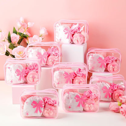 Honeydak 48 Pcs/ 8 Set Pink Bow Coquette Party Favors for Sleepover Spa Party Supplies Trip Weekend Girls Gifts, Folding Hairbrush with Mirror Eye Mask Headband Wristband Scrunchie Makeup Bag